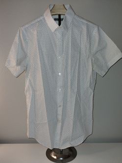 EXPRESS Mens Fitted White Short Sleeve Button Up Black Polka Dots Size S 14-14.5