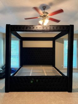 🔥 Brand New Black Velvet Canopy Bed Frame | King & Queen Size Platform Bed - Opt Mattress | Bluetooth Speakers, USB Charging Ports | Pay After Delive
