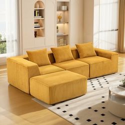 Brand New Plush Corduroy Gold Sofa Sectional With Ottoman 