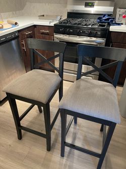 2 IKEA INGOLF Counter Height Chairs – Black with Gray Cushioned Seats