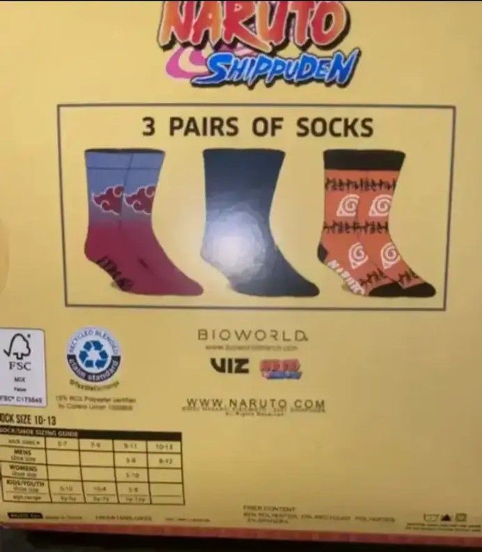 Naruto Shippuden 3 Pair Men's Crew Socks Fits Sock Size 10-13, Shoe Size 8-12.... CHECK OUT MY PAGE FOR MORE ITEMS