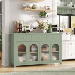 55''Wide Buffet Credenzas, Large Dining Sideboard with 3 Drawers, 4 Glass Doors, Wood Coffee Bar Cabinet, Green