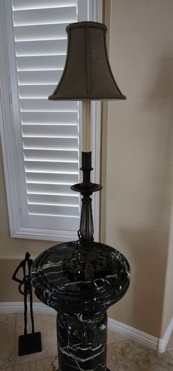 Unique Tall/Slender Metal and Glass Table Lamp. 34" tall by 10" wide.
Perfect for a small table in a hallway or in a room.