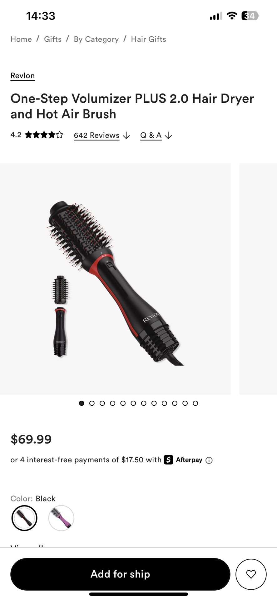 Revlon One-Step Volumizer PLUS 2.0 Hair Dryer and Hot Air Brush. Price $70