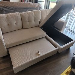 Flamaker Sleeper Sofa Bed with Storage Chaise L Shaped Sectional Couch 4 Seat Pull Out Bed for Living Room, Apartment, Office (Corduroy, Beige)