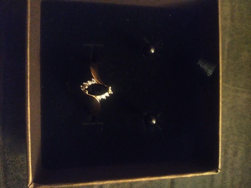 14k Gold Plated Sz 8 Genuine Black Onyx Ring With Matching Earrings