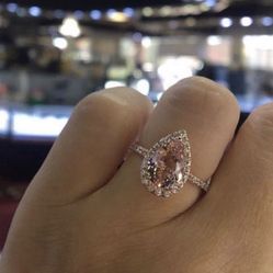 14k Rose Gold With 925 Starling Silver Natural Morganite And Diamond Halo Ring Pear Shape Ring Size 8