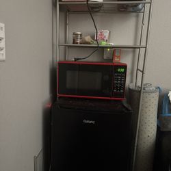 Mini Fridge, Microwave,  And Shelf Rack