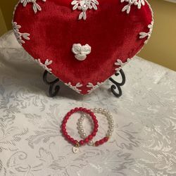 Red Coral & Pearl Bracelets & Red Velvet Heart Container