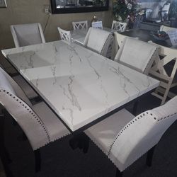 Brand New White Faux Marble Dining Table (72"×42"×30"H)+ 6 Light Biege Linen Chairs