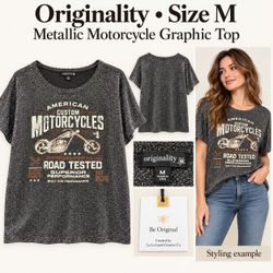 NWT Originality Metallic Motorcycle Graphic Top Medium Black Silver Made in USA