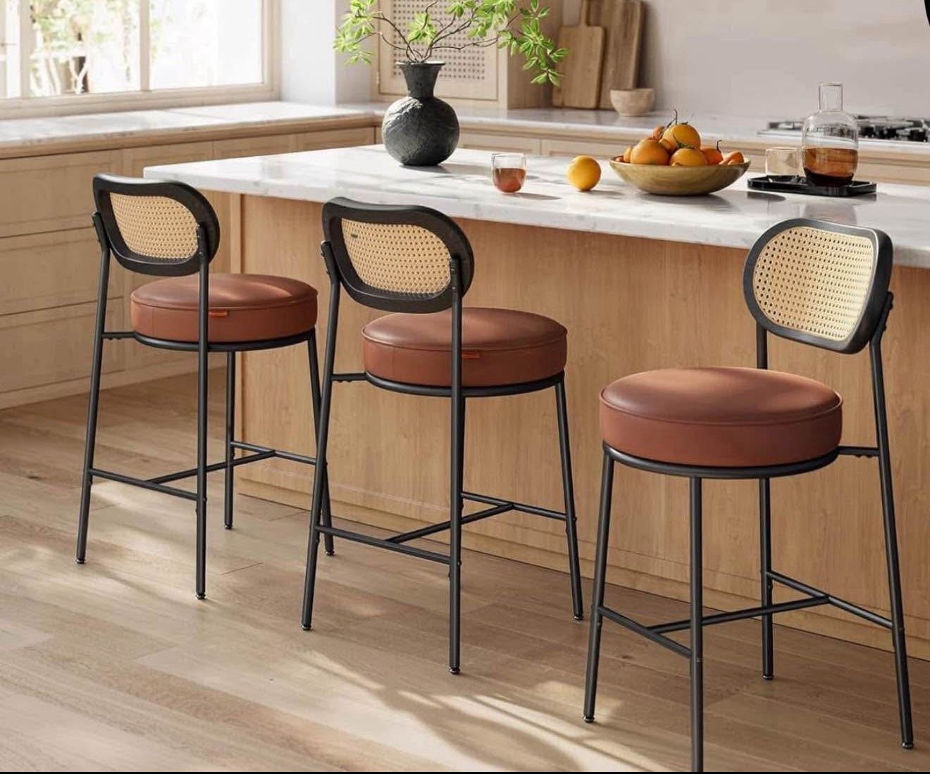 Bar Stools Set of 4.. Bar Height Stools with Rattan Back and Metal Legs, 30.1-Inch Tall Counter Chairs, Modern Leather Upholstered Barstool