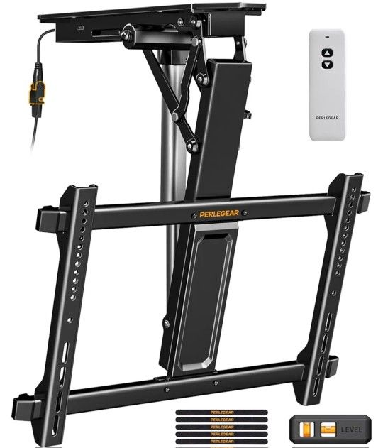 Perlegear Electric Ceiling TV Mount with Remote for 32-70 inch Flat and Curved Screen TVs, Motorized TV Ceiling Mount Flip Down for Flat Roof, Drop Do