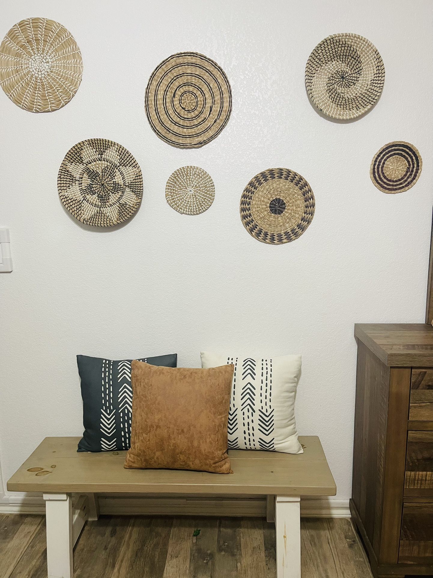 Bench, Pillows, And Basket Woven Wall Decor In HARLINGEN