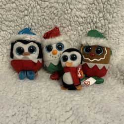 Ty Beanie Boo Christmas Plush Keychains + Plush Ornament Penguin 
