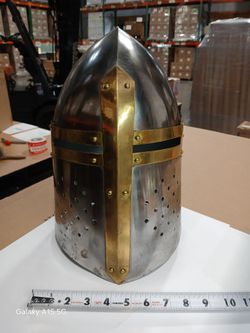 Handmade Steel Sugarloaf (Replica) Crusader Helmet w/Riveted Brass Cross India