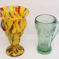 Yellow Art Glass & Coca Cola Glass With Handle 