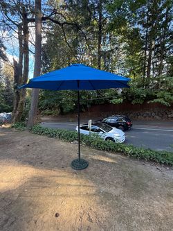 Summer winds blue steel patio umbrella with cast-iron base new inbox