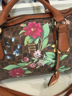 Floral Print Satchel Handbag with Gold Hardware