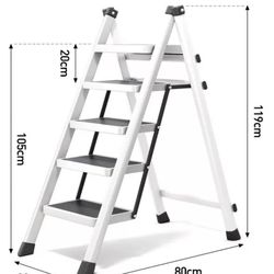 5-Step Folding Ladder – Carbon Steel, Anti-Slip, Red & White, New