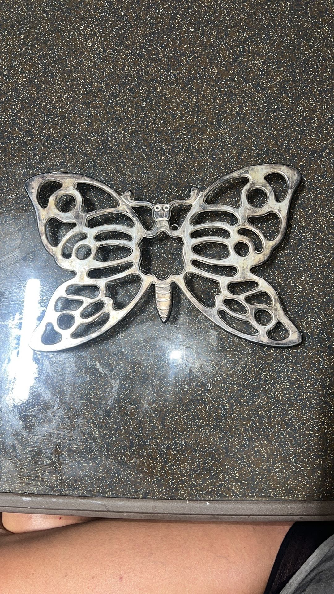 VINTAGE LEONARD SILVERPLATE BUTTERFLY TRIVET WITH HANGER. Tarnished. Missing 1 of plastic covers on bottom - see pics