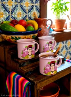 Set Of 3 Frida Kahlo 16 oz Mug w/ Pink Flower Background  by Market Finds.