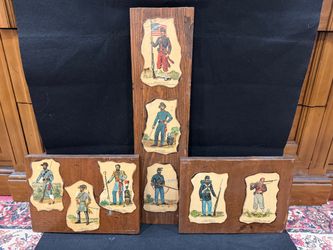 Dick S. von Schriltz Civil War Uniform Prints on Wood Plaques – 3-Piece Set, 8 Plates, Decoupage