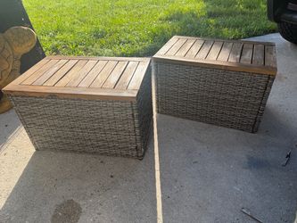 Outdoor Wicker & Wood Top Storage Benches Tables