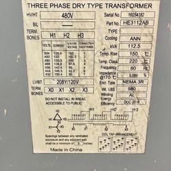 Transformer,  3 Phase  480v. 112.5 Kw