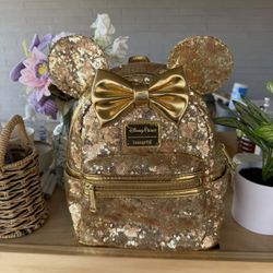Disney Parks Minnie Mouse Gold Sequin Loungefly Mini Backpack