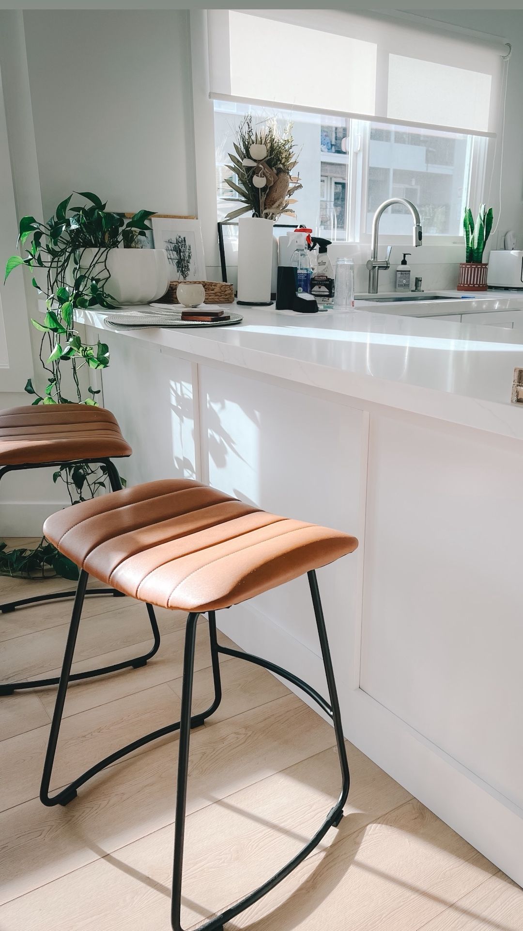 Modern Brown Faux Leather Counter Stools – Set of 3