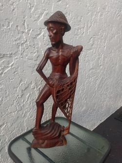 Vintage Carved Rosewood 24" Balinese Fisherman Carving Wooden Sculpture Bali Art Statue Figure - Very Detailed Indonesian Artist 