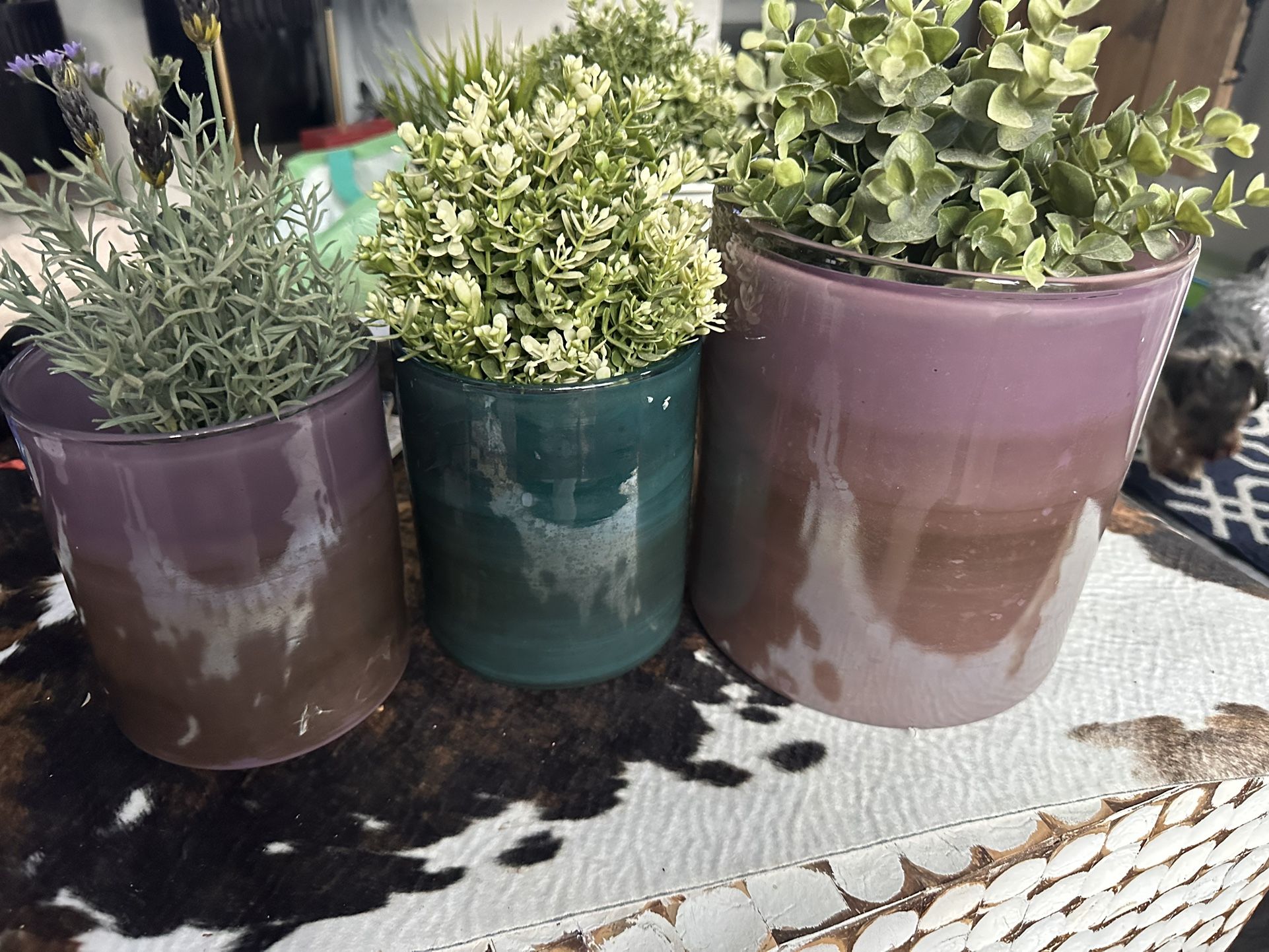 3 Fake Plants With Glass Pots