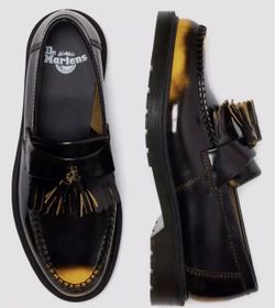 Dr Martens Adrian Tassel Arcadia Rub Off Leather Premium Loafers Black/Yellow Sz 10