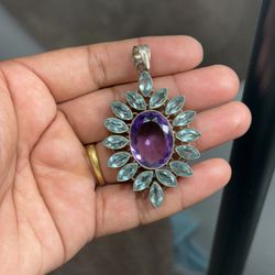 Vintage 925 Sterling Silver Amethyst & Aquamarine Sunburst Pendant 32.4g 
