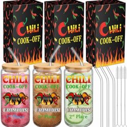 3 Pcs Chili Cook off Trophies Glass Tumbler Set with Lid Straw Brush and 16 oz