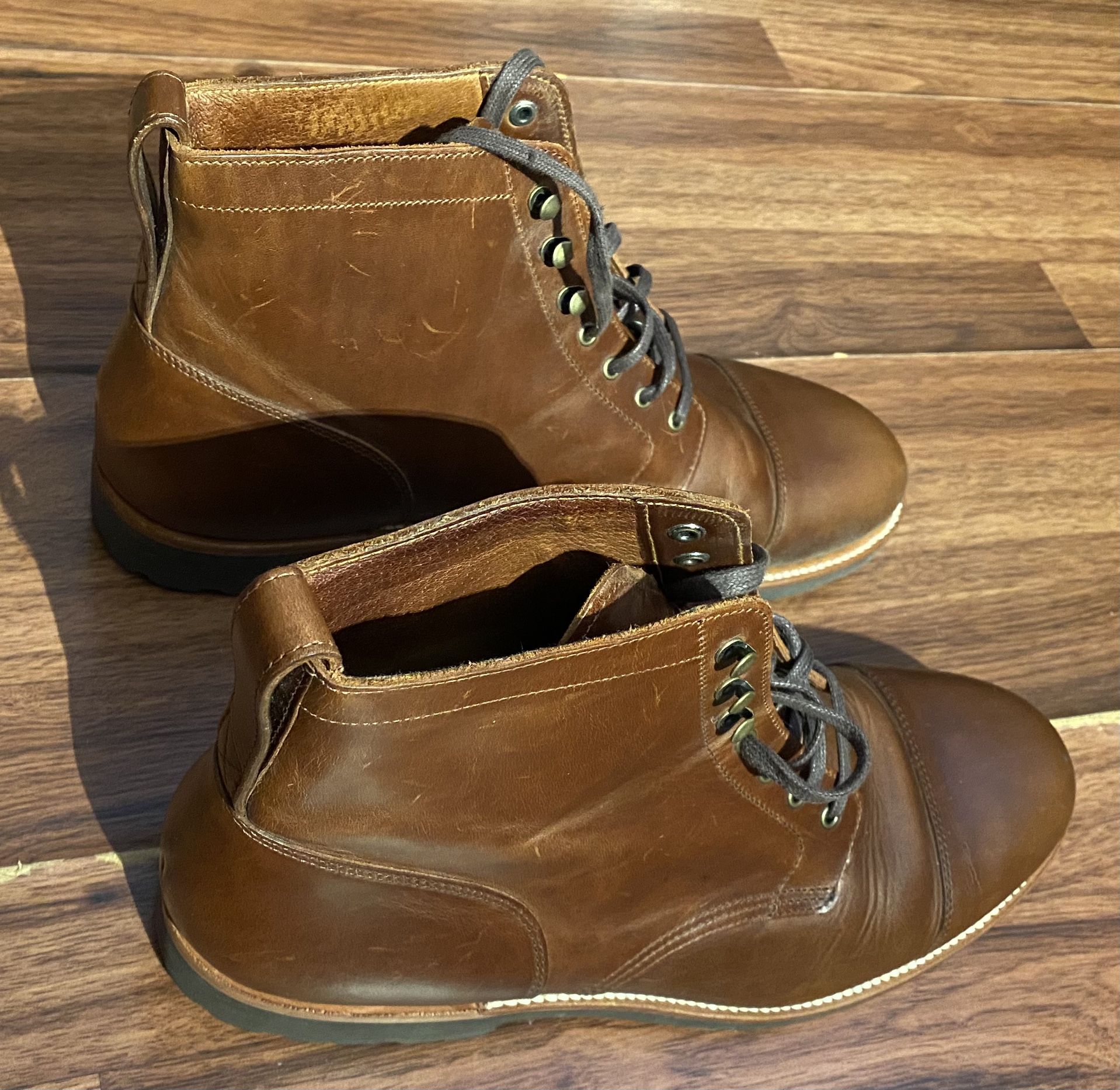 Kenton Leather Cap Toe Boots Black and Burnished Tobacco