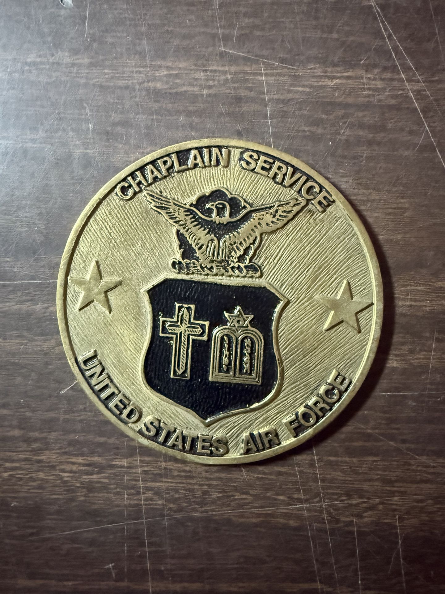 Vintage Brass USAF Air Force Medallion Paperweight Chaplain Service 4.5"