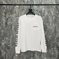 Chrome Hearts White Long Sleeve Pocket Tee with Black Sleeve Script