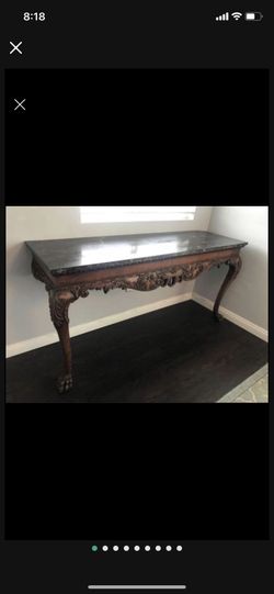 Antique Carved Wood Marble Long Console Side Table