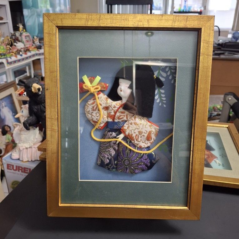 Japanese Oshie Little Girl In Traditional Kimono, Fabric 3D Wrapped Shapes In Shadowbox Frame-4 To Choose From $22 Each, See Pics