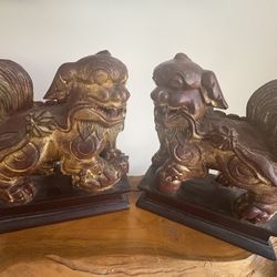 Chinese Wooden Foo Dog Statues 