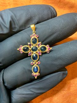 Vintage 18K Yellow Gold Sapphire & Ruby Cross Pendant