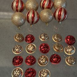 Christmas ornaments decorations 8 gold red glitter balls 18 metal jingle bells