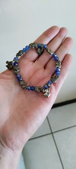 Blue Crystal Elephant Charm Stretch Bracelet