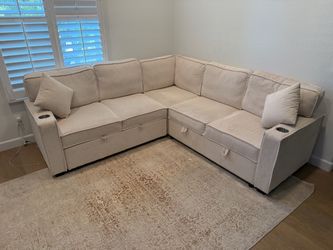 Like-New 90” x 90” Corduroy Sectional Sofa w/ Storage & Pull-Out Bed