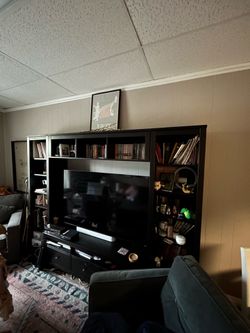 entertainment wall unit with built-in bookshelves around the TV