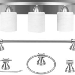 3-Light Bathroom Vanity Light Fixture Brushed Nickel White Frosted Glass All-in-One Bath Sets, 5 Piece, Bar, Towel Ring, Robe Hook, Toilet Paper Holde