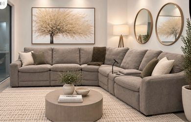 Gray Fabric L-Shaped powerSectional Sofa with Console