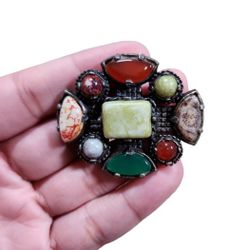 Silver Toned Celtic Brooch Agate  Scottish Pin Kilt Cloak